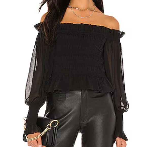 ALLSAINTS Lara Off-the-Shoulder Smocked Top (Black, 0 US) - Picture 1 of 4
